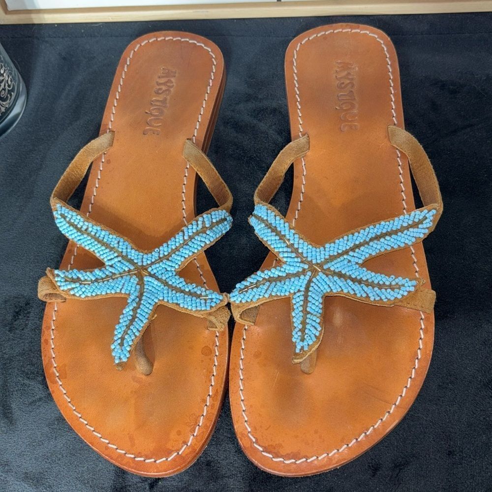 Mystique women’s 9 Liguria sandals blue leather beaded starfish summer